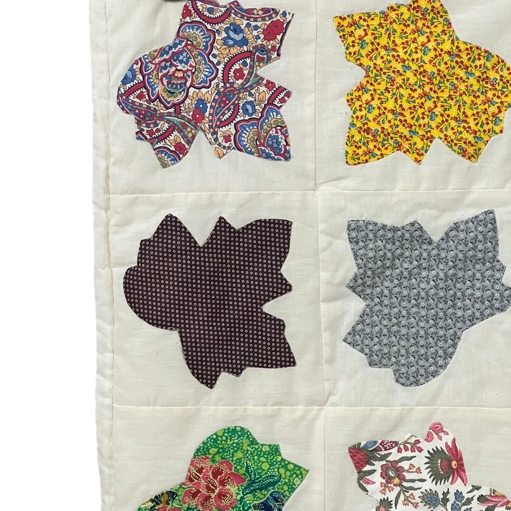 Handmade Leaf Applique Scrappy Patchwork Quilt Cottagecore Wall Hanging 32x48